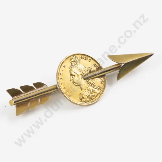 Victorian 1887 Jubilee Half Sovereign on a 9ct Arrow Brooch