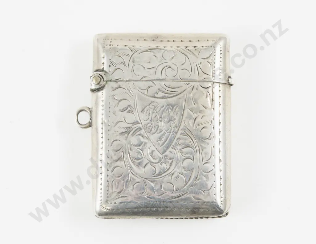 Edwardian S/S Engraved Vesta Case with Hanging Loop Image 1++