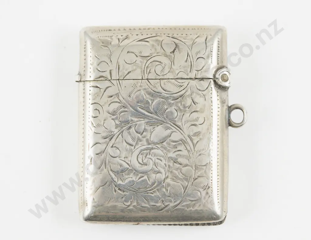Edwardian S/S Engraved Vesta Case with Hanging Loop Image 1++