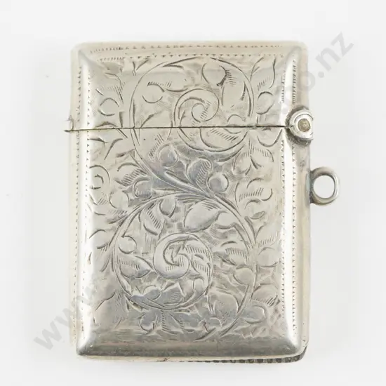 Edwardian S/S Engraved Vesta Case with Hanging Loop