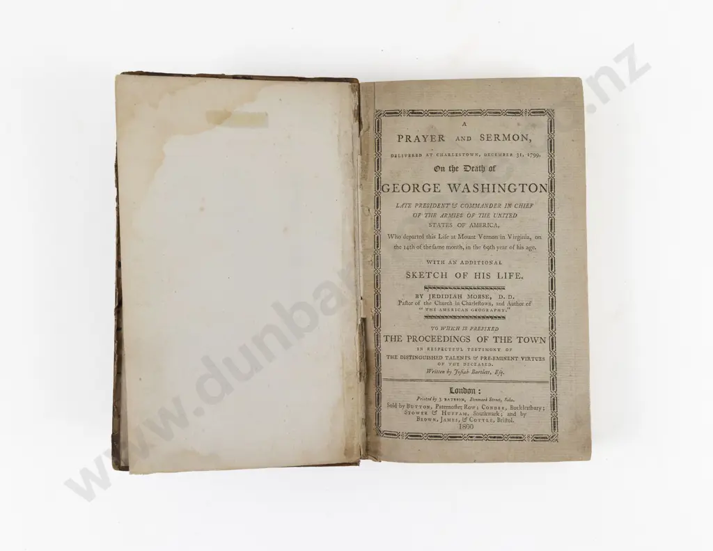 Morse, Jedidiah, A Prayer And Sermon Delivered At Charlestown, December 31, 1799 On the Death of George Washington Image 1++
