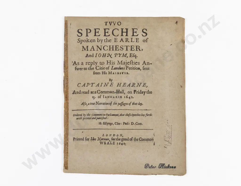 Hearne, Captaine, Two Speeches Spoken by the Earle of Manchester And John Pym, 1642 Image 1++