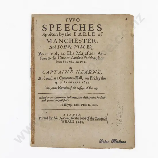 Hearne, Captaine, Two Speeches Spoken by the Earle of Manchester And John Pym, 1642