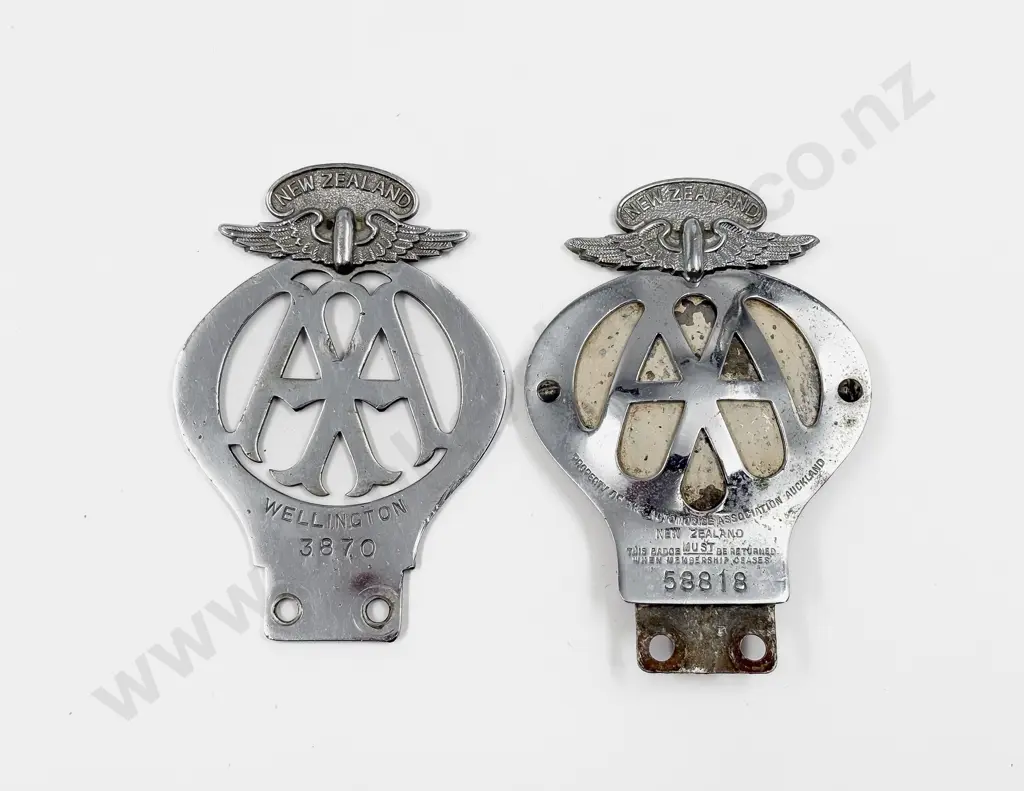 Two C1938-50 NZ Automobile Association AA Chrome Plated Car Badges Image 1++