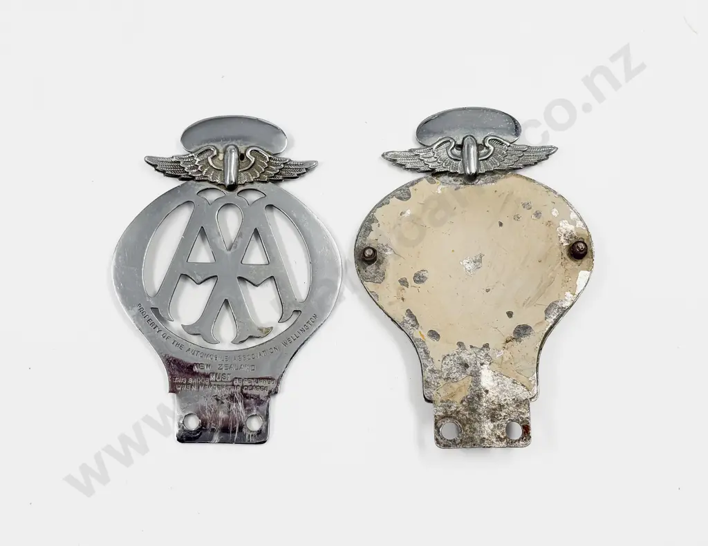 Two C1938-50 NZ Automobile Association AA Chrome Plated Car Badges Image 1++