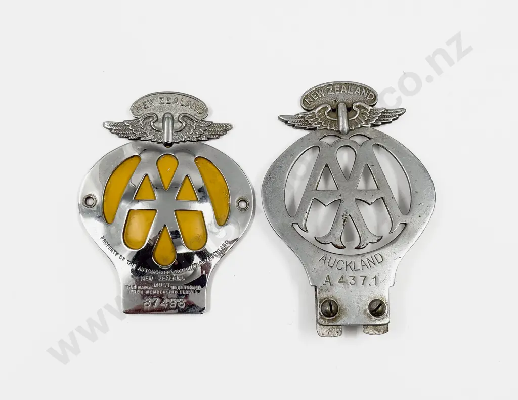 Two C1938-50 NZ Automobile Association AA Chrome Plated Car Badges Image 1++