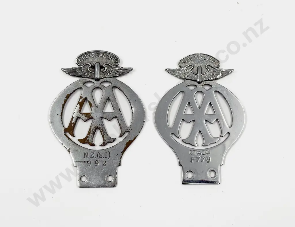 Two C1938-50 NZ Automobile Association AA Chrome Plated Car Badges Image 1++