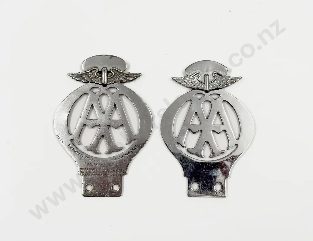 Two C1938-50 NZ Automobile Association AA Chrome Plated Car Badges Image 1++