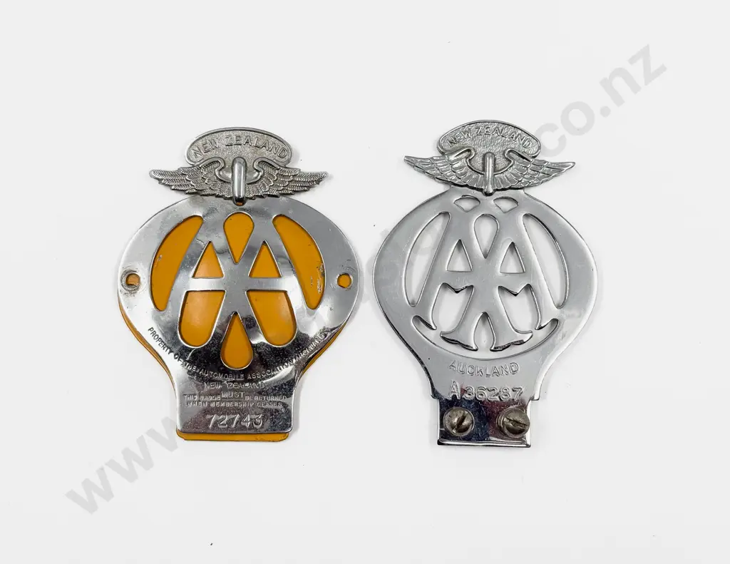 Two C1938-50 NZ Automobile Association AA Chrome Plated Car Badges Image 1++