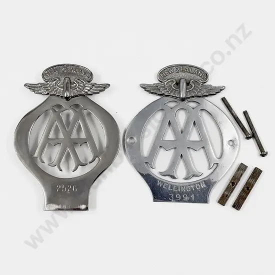 Two NZ Automobile Association AA Chrome Plated Badges