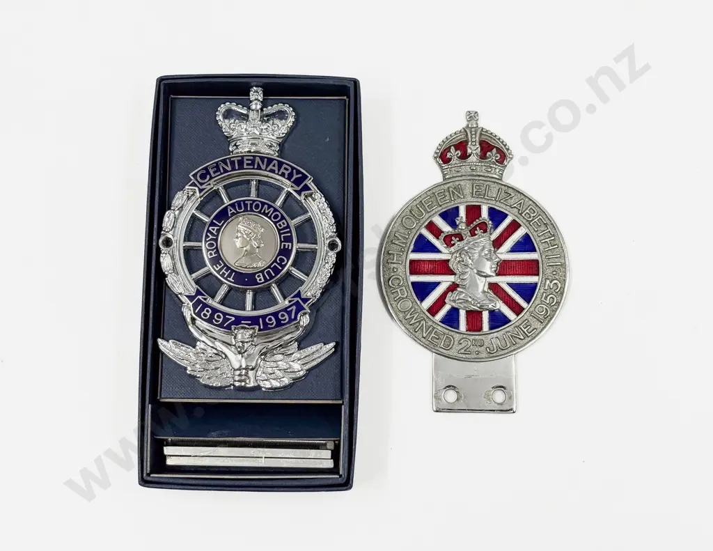 QEII Boxed As New RAC Centenary 1897-1997 Badge and 1953 Coronation Car Badge Image 1++