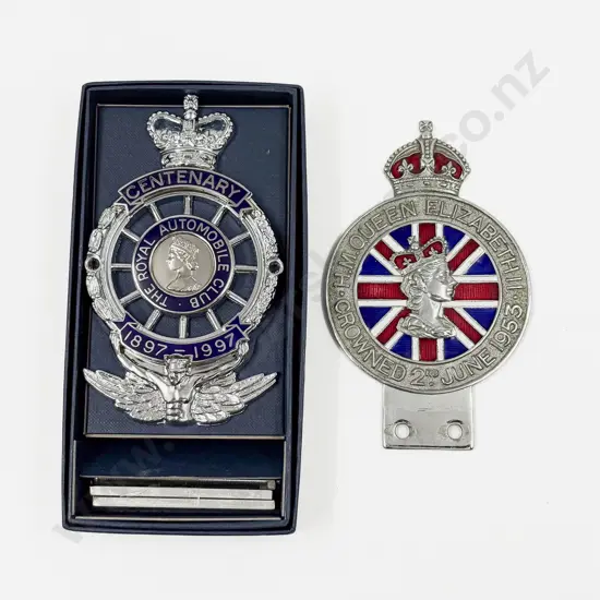 QEII Boxed As New RAC Centenary 1897-1997 Badge and 1953 Coronation Car Badge