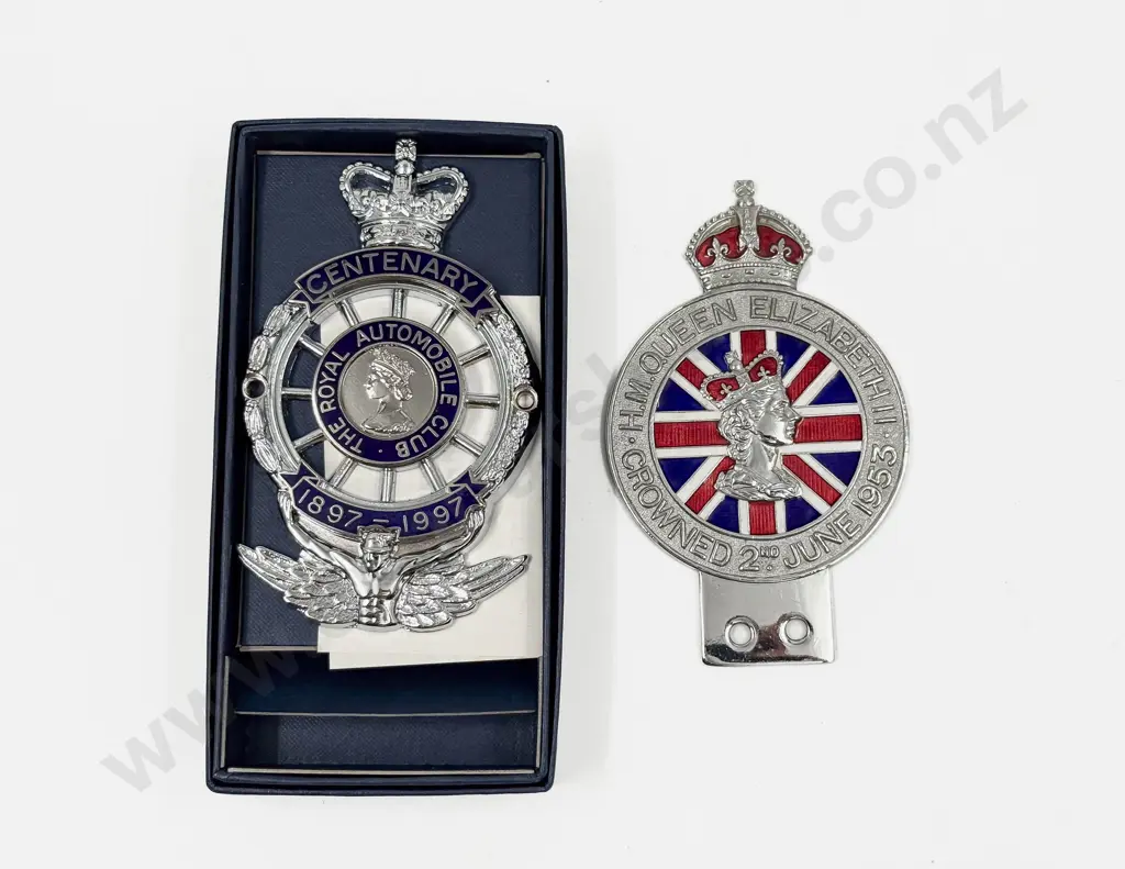 QEII Boxed As New RAC Centenary 1897-1997 Badge and 1953 Coronation Car Badge Image 1++