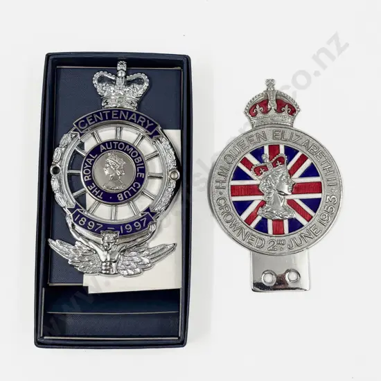 QEII Boxed As New RAC Centenary 1897-1997 Badge and 1953 Coronation Car Badge