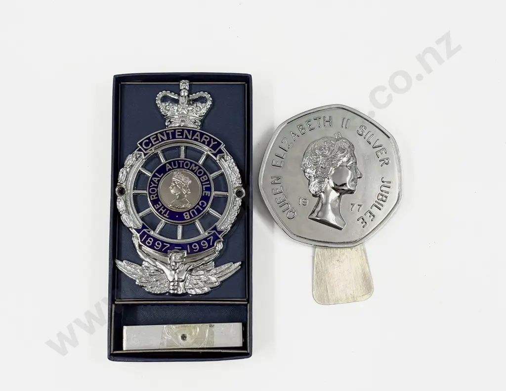 QEII Part Boxed As New RAC Centenary 1897-1997 Badge and 1977 Silver Jubilee Car Badge Image 1++