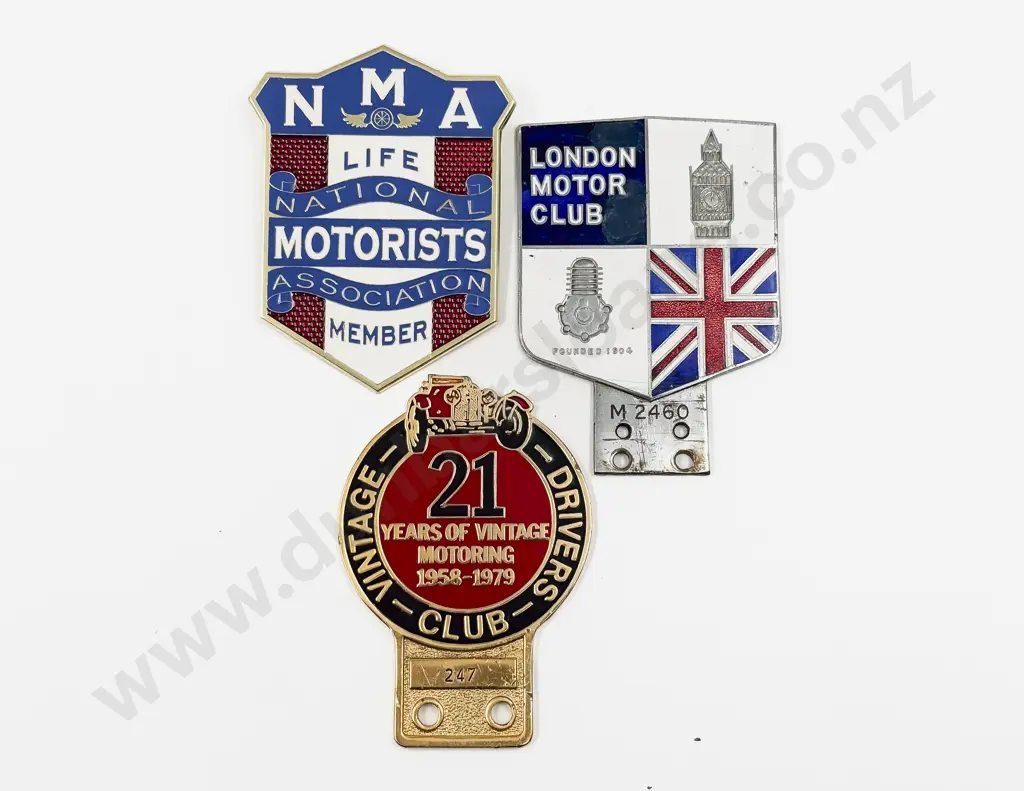 Three Enamelled Club Badges - London Motor Club - Vintage Drivers Club 21Years and NMA Member Image 1++