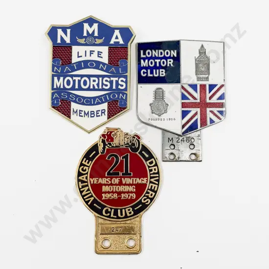 Three Enamelled Club Badges - London Motor Club - Vintage Drivers Club 21Years and NMA Member