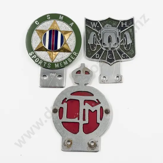 Three British Car Club Badges - CSMA Sports Member - WH DCC and LTM