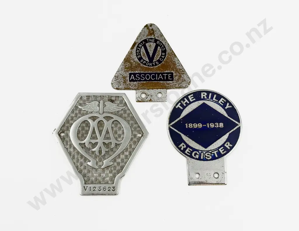 The Riley Register 1899-1938 Car Badge with AA and The Vintage Sports Car Club Badges Image 1++