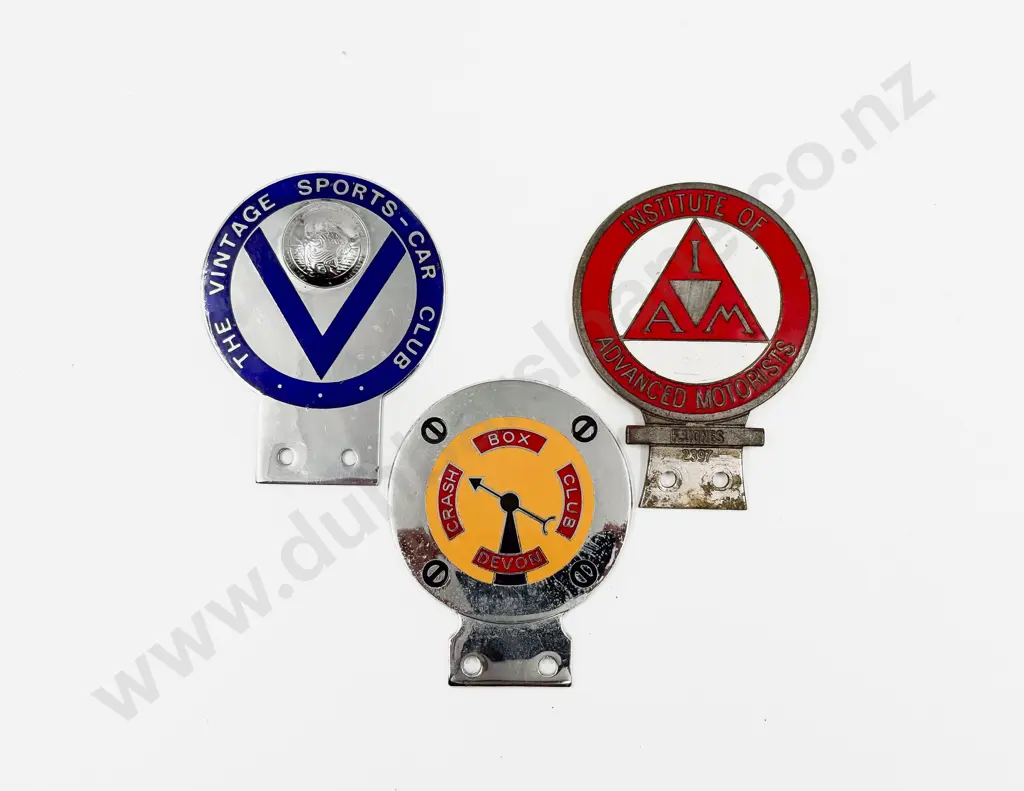 Three British Motor Club Badges - Devon Crash Box Club - The Vintage Sports Car Club & IAM Image 1++