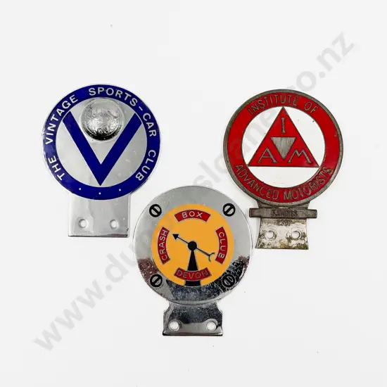 Three British Motor Club Badges - Devon Crash Box Club - The Vintage Sports Car Club & IAM
