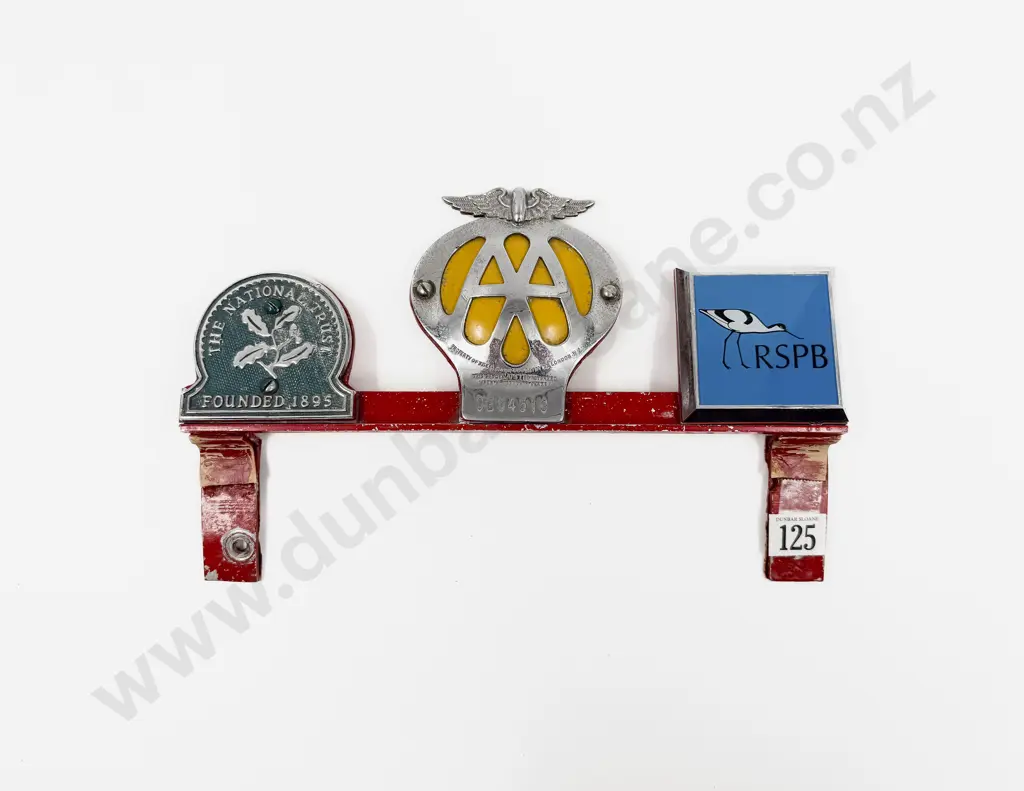 Three Badges Mounted on Bar - The National Trust - AA and RSPB Royal Society of Protected Birds Badge Image 1++