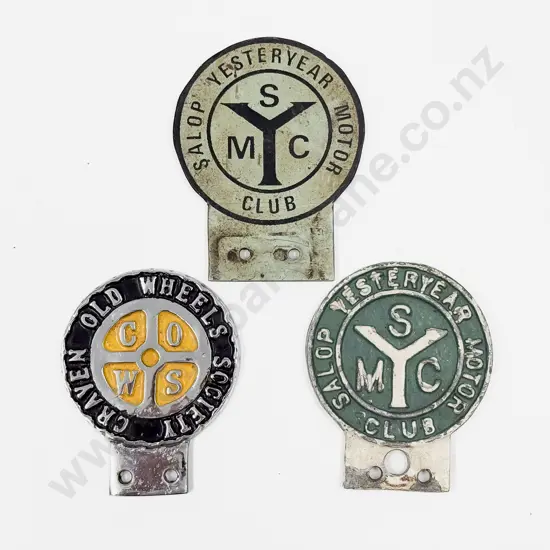 Two Salop Yesteryear Motor Club Car Badges and Craven Old Wheels Society Badge