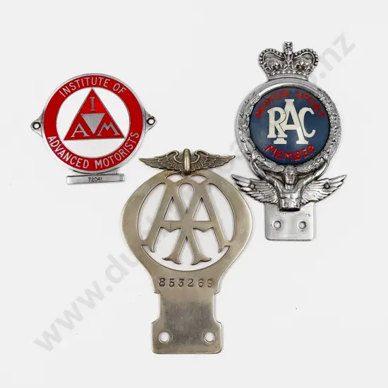 Three British Car Badges RAC Motor Sport Member - AA #853269 and IAM