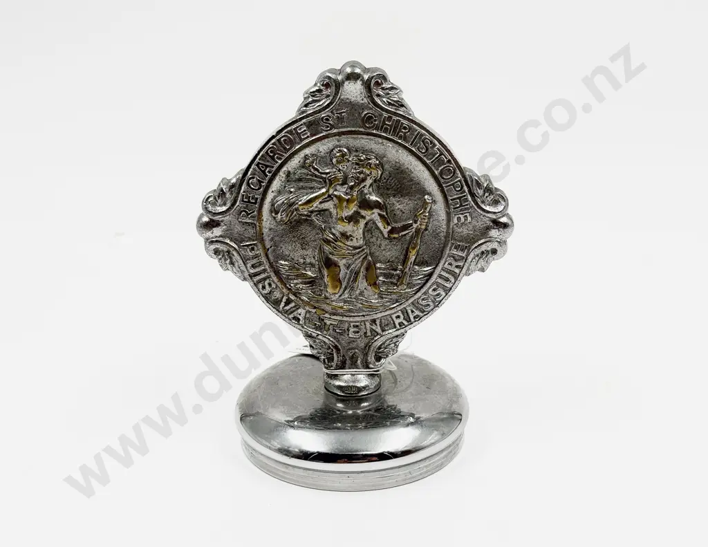 Vintage Recarde St Christopher Puis Va-t-En Rassure Car Badge mounted on Gas Cap Image 1++