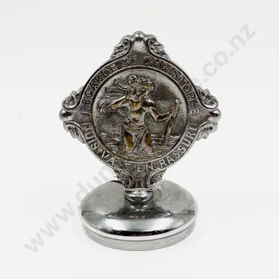 Vintage Recarde St Christopher Puis Va-t-En Rassure Car Badge mounted on Gas Cap