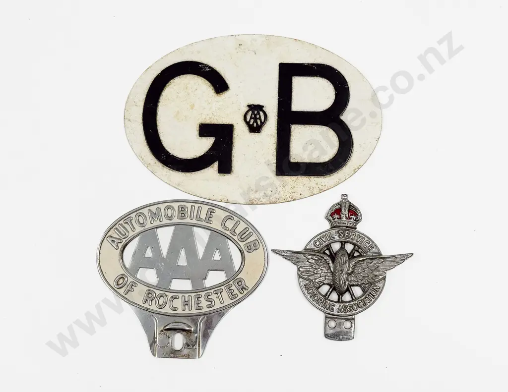 Vintage Aluminium GB AA Touring Car Badge with AAA Automobile Club of Rochester & Civil Service Badge Image 1++