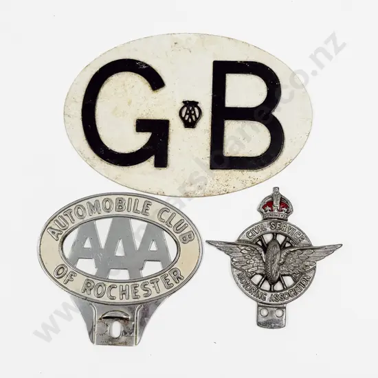 Vintage Aluminium GB AA Touring Car Badge with AAA Automobile Club of Rochester & Civil Service Badge