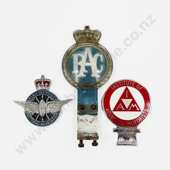 Three British Car Badges RAC (plastic & aluminium) IAM and Civil Service Badge
