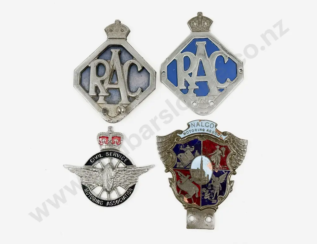 Four British Car Badges Two RAC -  Nalco Motoring Association and Civil Service Badge Image 1++