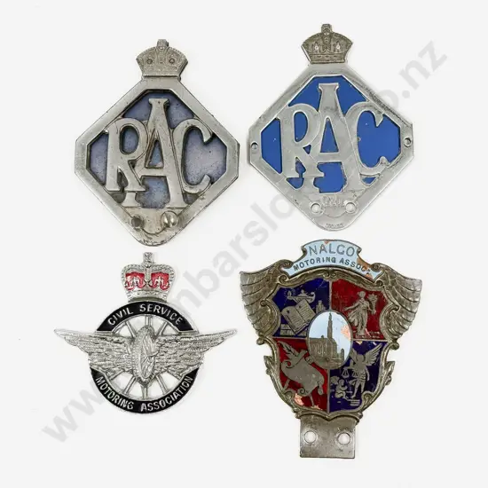 Four British Car Badges Two RAC -  Nalco Motoring Association and Civil Service Badge