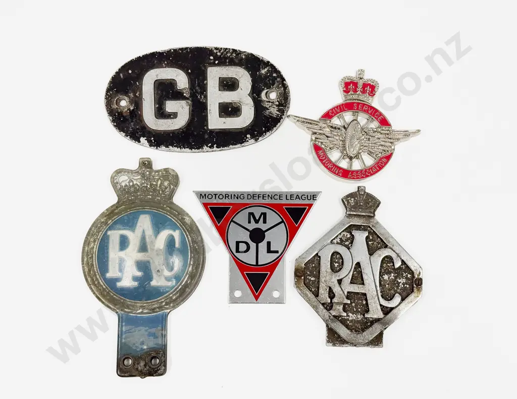 Five British Car Badges Two RAC -  MDL - GB Touring and Civil Service Badge Image 1++