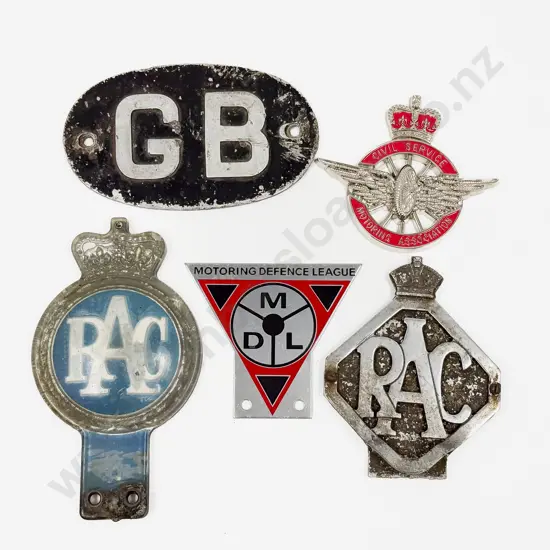 Five British Car Badges Two RAC -  MDL - GB Touring and Civil Service Badge