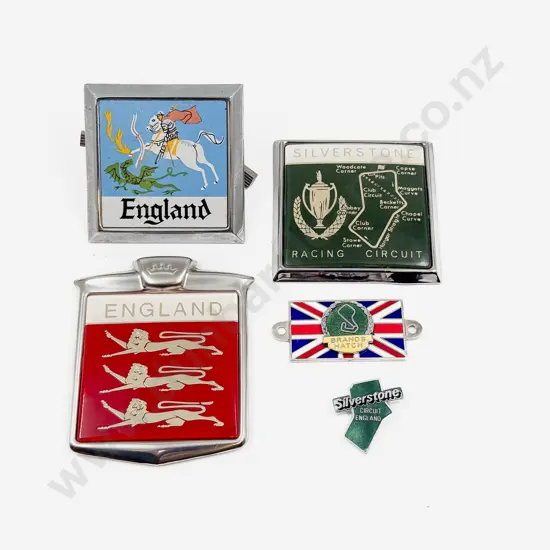 Three Car Badges - England x2 and Silverstone with Enamelled Brooch and Plaque