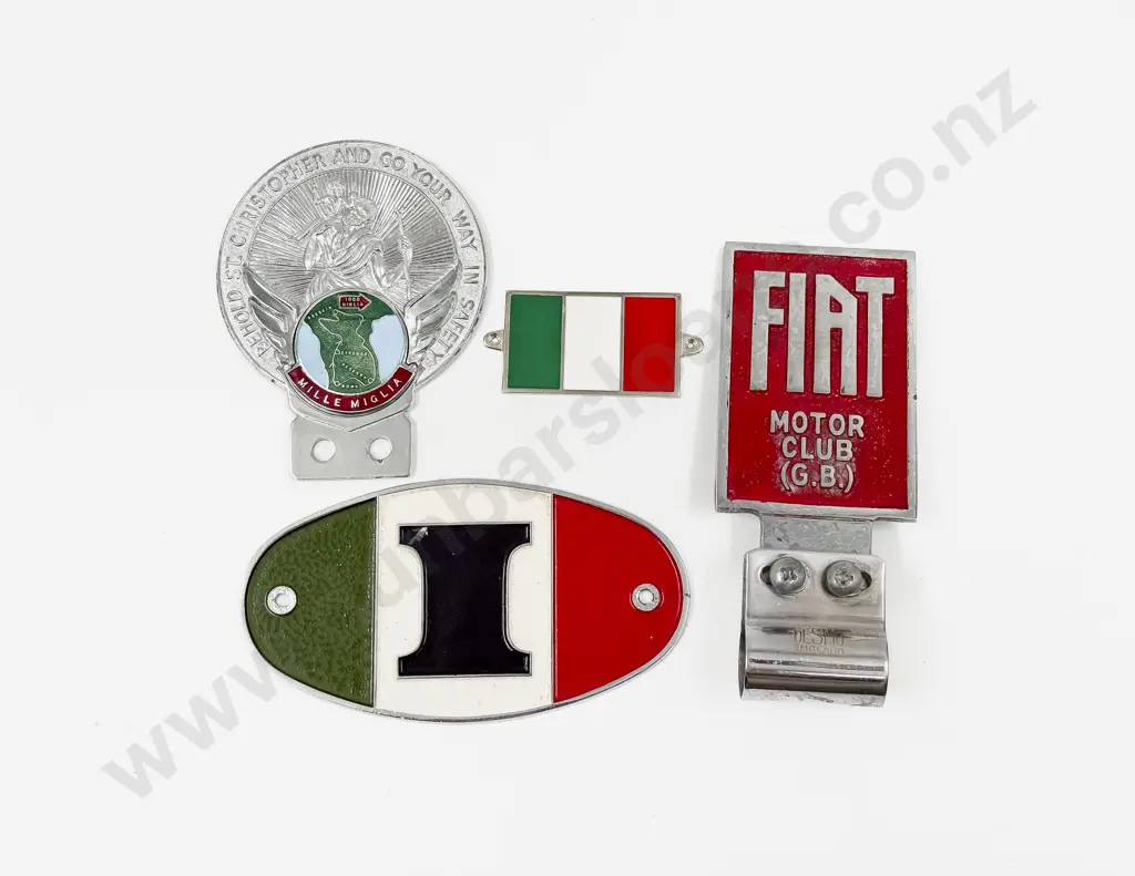 Vintage Fiat Motor Club (GB) Car Badge with Italia St Christopher Touring Badge and Two Flag Tourer Plaques Image 1++