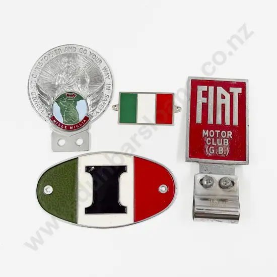 Vintage Fiat Motor Club (GB) Car Badge with Italia St Christopher Touring Badge and Two Flag Tourer Plaques
