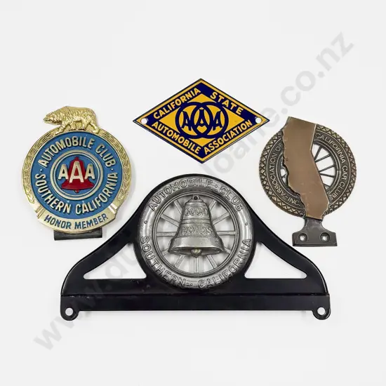 Three Southern California Automobile Club Grille Badges and AAA Plaque