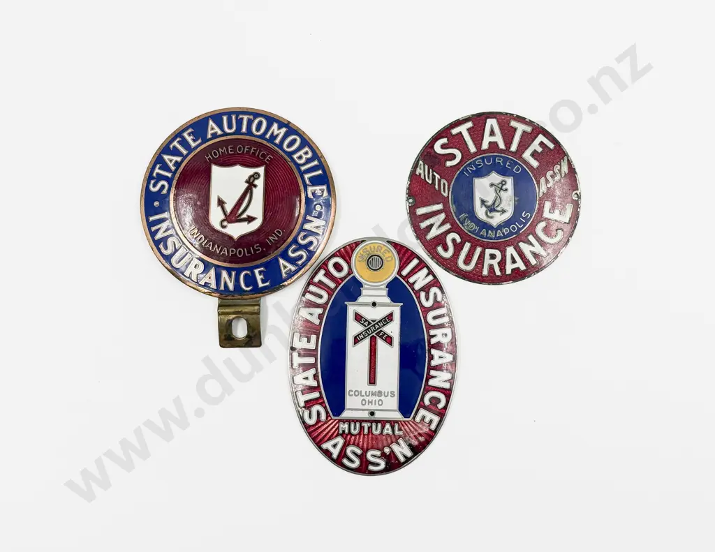 Three Indianapolis and Columbus Ohio State Auto Insurance Enamel Grille Badges Image 1++