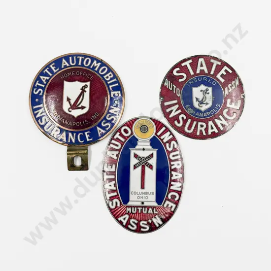 Three Indianapolis and Columbus Ohio State Auto Insurance Enamel Grille Badges