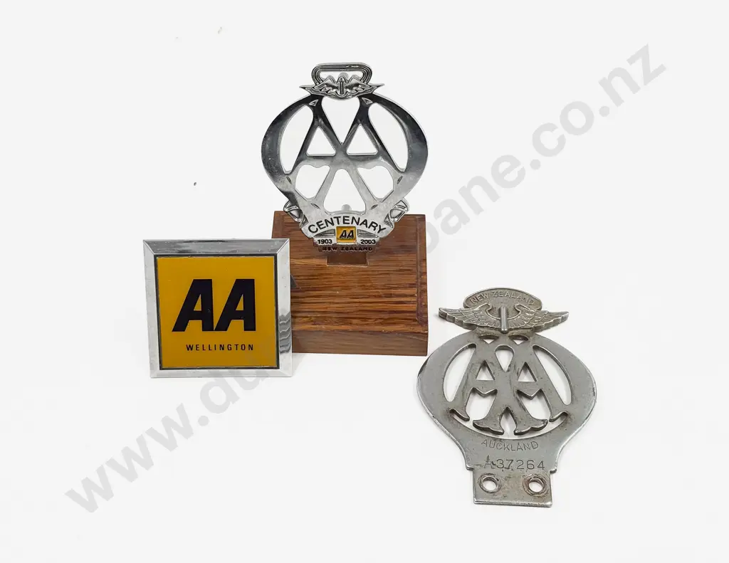 NZ Three AA Cart Badges Auckland #A37264 Centenary 1906-2003 and Wellington AA Square Image 1++
