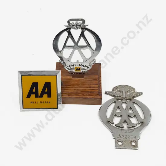 NZ Three AA Cart Badges Auckland #A37264 Centenary 1906-2003 and Wellington AA Square