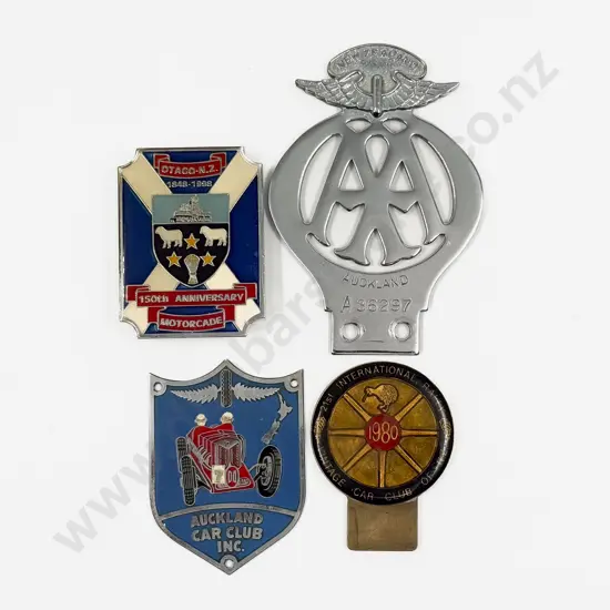 NZ AA Auckland #A36297 Badge with Otago 150th Anniv Badge and Auck Car Club and 1980 Rally