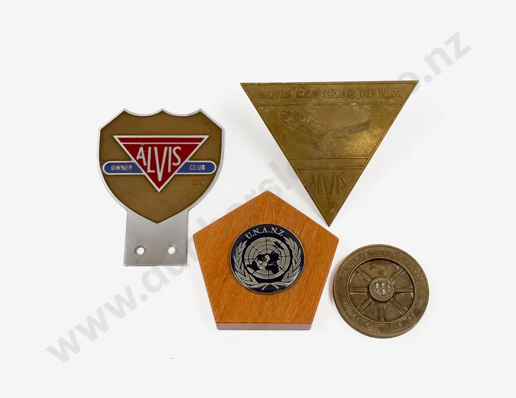 Alvis Owners Club Car Badge with NZ Club Badge and Two NZ Rally Medallions Image 1++