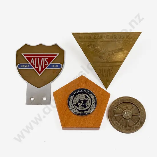 Alvis Owners Club Car Badge with NZ Club Badge and Two NZ Rally Medallions