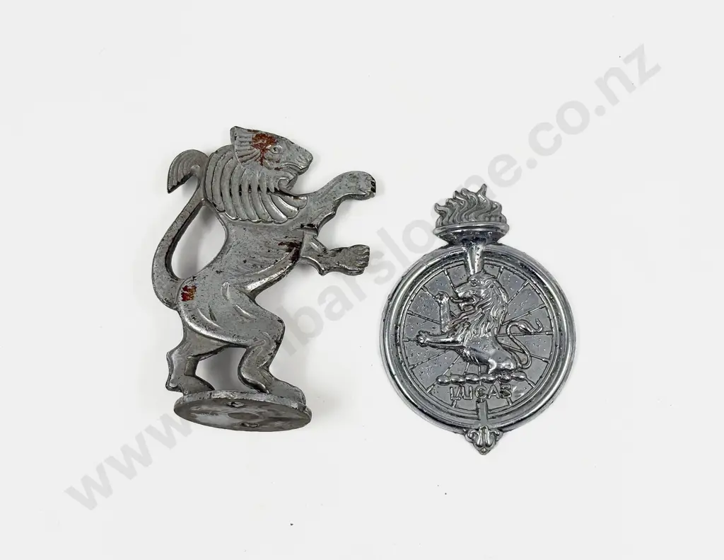 Vintage Chromed Metal Lucas Lion Hood Ornament and Badge Image 1++
