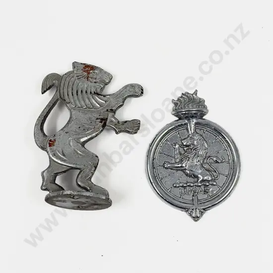 Vintage Chromed Metal Lucas Lion Hood Ornament and Badge